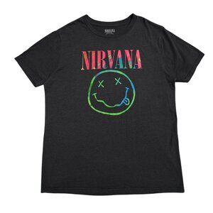Nirvana Short Sleeve Tshirt Mens 2XL Black Heather Smiley Face Grunge Rock Music